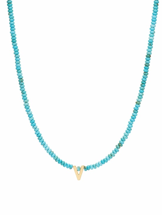 Mayamar Jewelry - ‘V’ Initial Turquoise Beaded Necklace - 16” plus 3” extender - by Mayamar